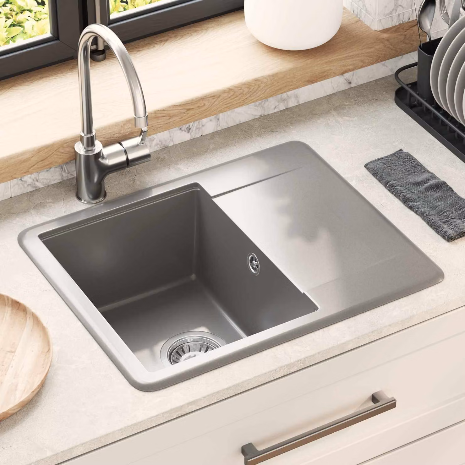 Lavello vidaXL in quarzo e resina colore grigio L: 56 cm, P: 46 cm, H: 19 cm – 1