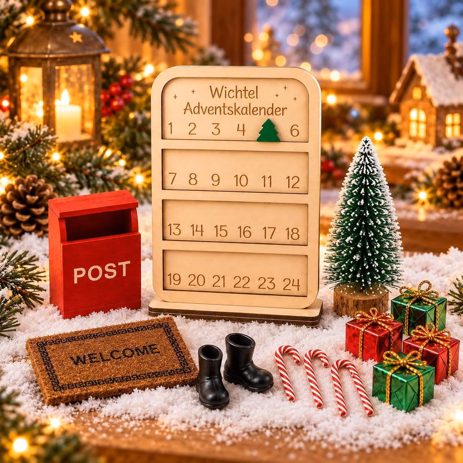 Decorazioni natalizie, set da 13 pezzi, mini calendario dell'Avvento in legno, inclusi un mini albero di Natale, per le decorazioni festive