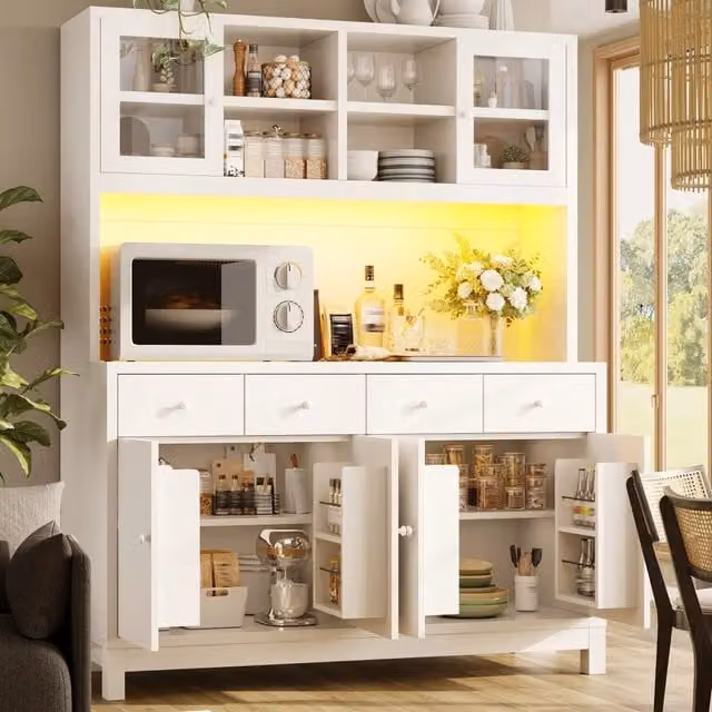Credenza alta con ante in vetro 4 cassetti ripiani regolabili LED RGB bianca in MDF 140 × 38;5 × 180 cm