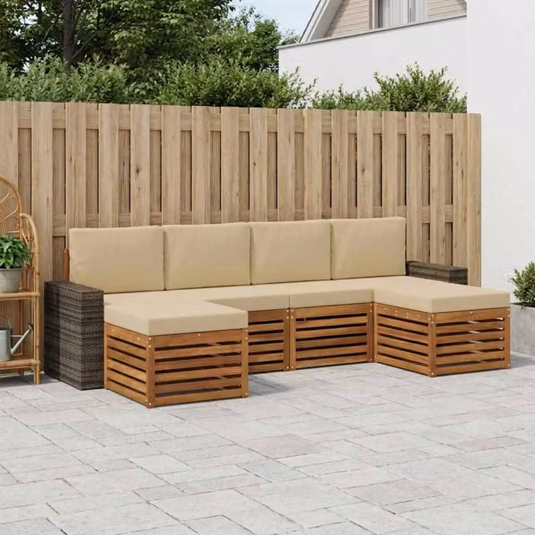 Set di divani da esterno vidaXL a forma di L in legno di acacia con pouf e cuscini, colore beige e marrone