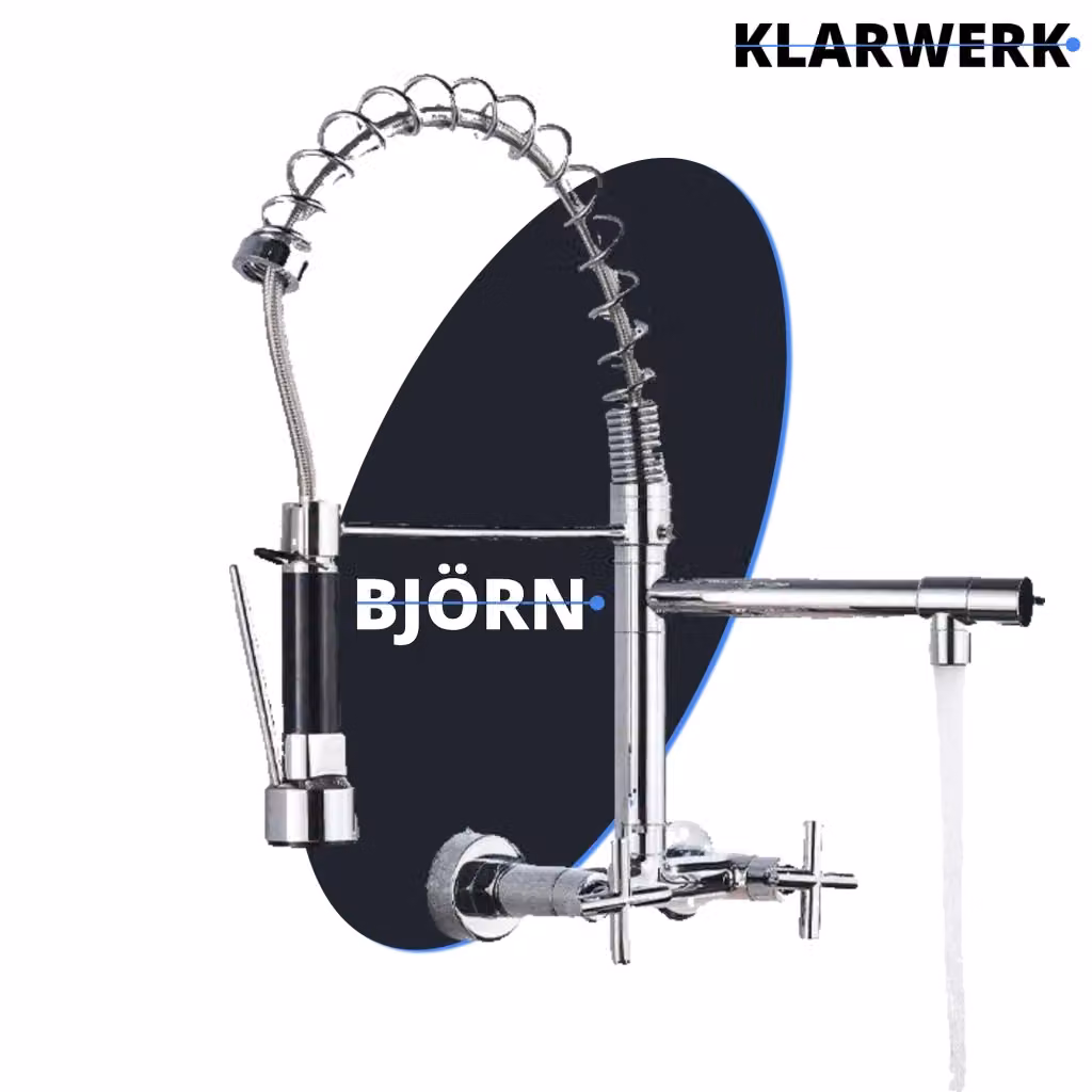 Miscelatore da parete professionale Klarwerk Björn in acciaio inox con doppia doccetta e rubinetto girevole, colore argento brillante – 2