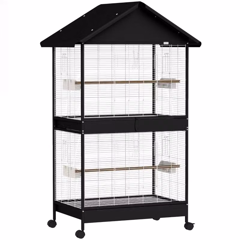 Voliere per Uccelli WISHDOR con Parete Separabile, 2 Porte, 2 Posatoi e 4 Ruote, Nero Matt – 2