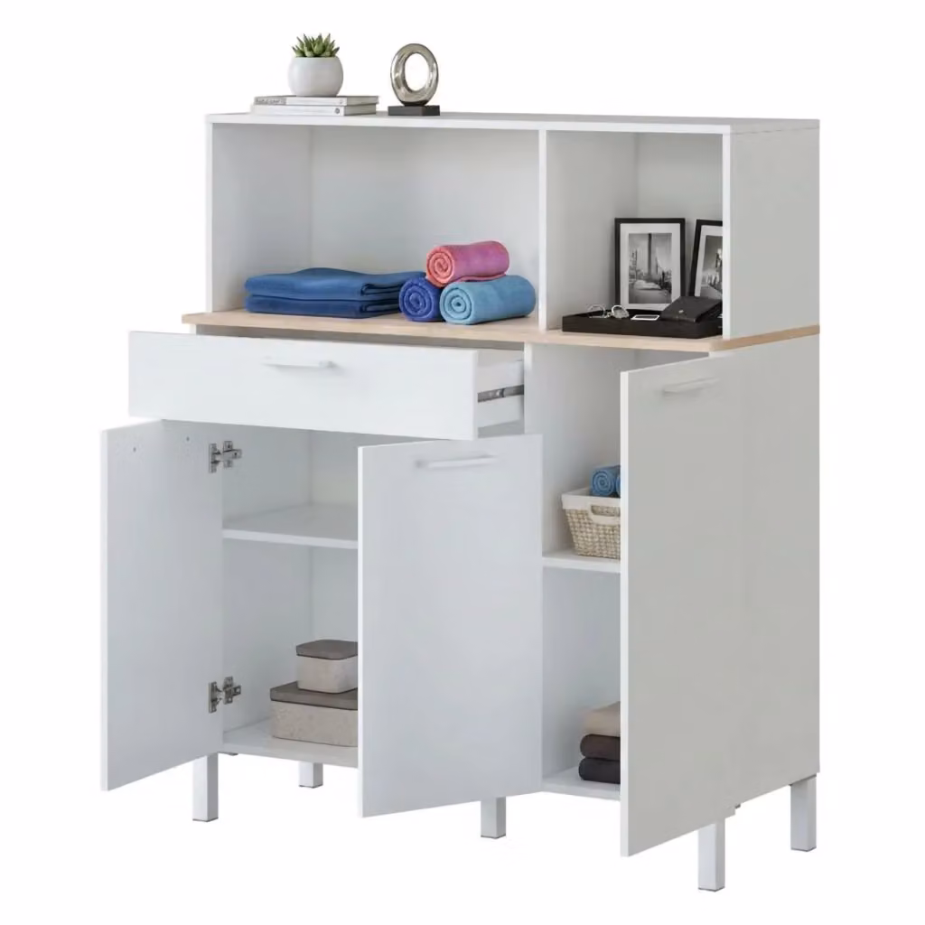 Armadio multiuso Angstrom DMORA con 3 ante e 1 cassetto, mobile ausiliario per cucina o bagno, Bianco e Rovere, L: 108 cm, P: 40 cm, H: 126 cm – 2