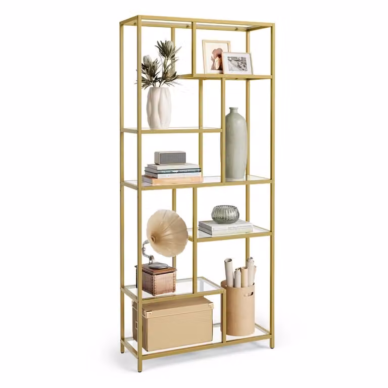 Libreria Scaffale Verticale Porta Piante in Vetro Temperato Studio Soggiorno, Oro Metallico