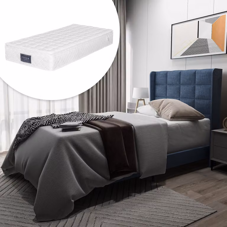 okwish Letto moderno imbottito con testiera imbottita Letto singolo con rete a doghe, 90x200cm lino blu (con materasso)