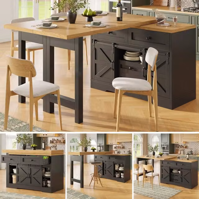 Isola Cucina Multifunzione con Tavolo da Pranzo, Armadio Laterale con Cassetti Nascosti, Pannelli Girevoli a 360°, Porta Scorrevole Stile Granaio, Design 2-in-1