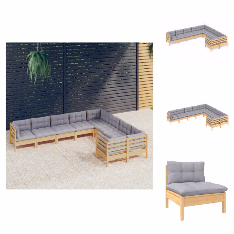 vidaXL Set 9 pezzi da giardino con cuscini grigi in legno di pino - Set di mobili da giardino