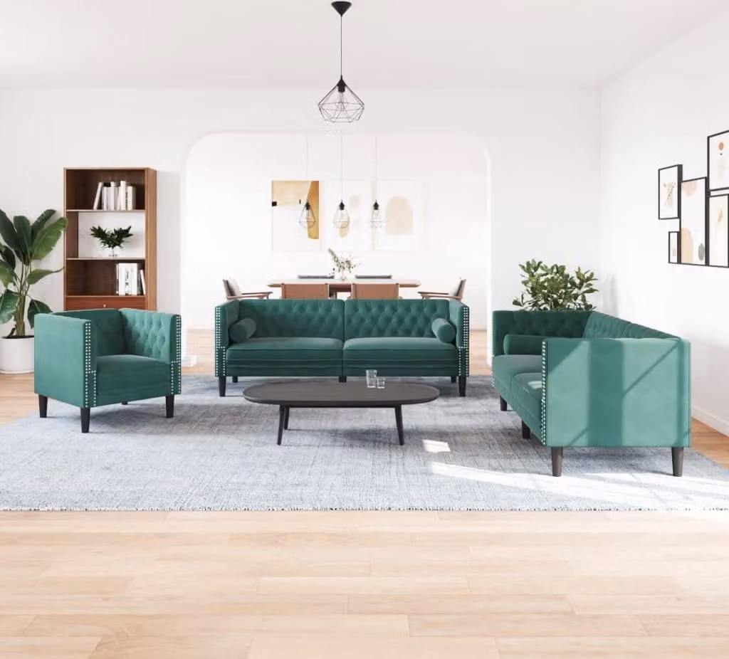 Maison Exclusive - Set divano Chesterfield a 3 posti con cuscini per il collo, in velluto verde scuro