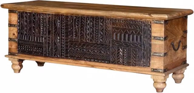 Cassapanca in legno di mango massello intagliato stile etnico colori marrone e beige – 1
