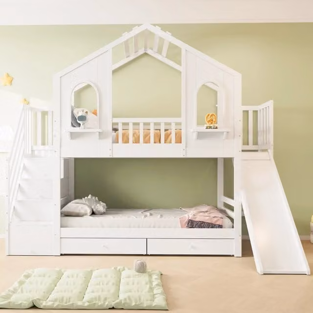 Letto a castello per bambini 90 × 200 cm 2 posti con scivolo, scala contenitore e 2 cassetti, senza materasso, bianco