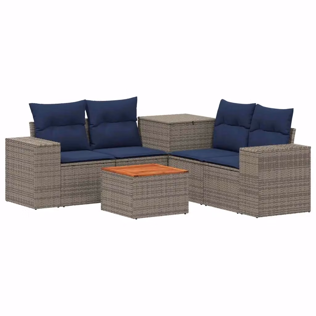 Set di mobili da giardino vidaXL composto da 6 pezzi con divani a L, elementi angolari e tavolino, in rattan sintetico e acciaio verniciato, colori grigio e blu navy – 2