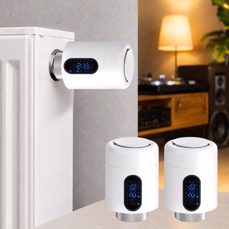 Set di 2 termostati per radiatori Ikodm, termostati intelligenti Wi-Fi, colore bianco, controllo tramite app senza necessità di gateway, 7 adattatori per termostato