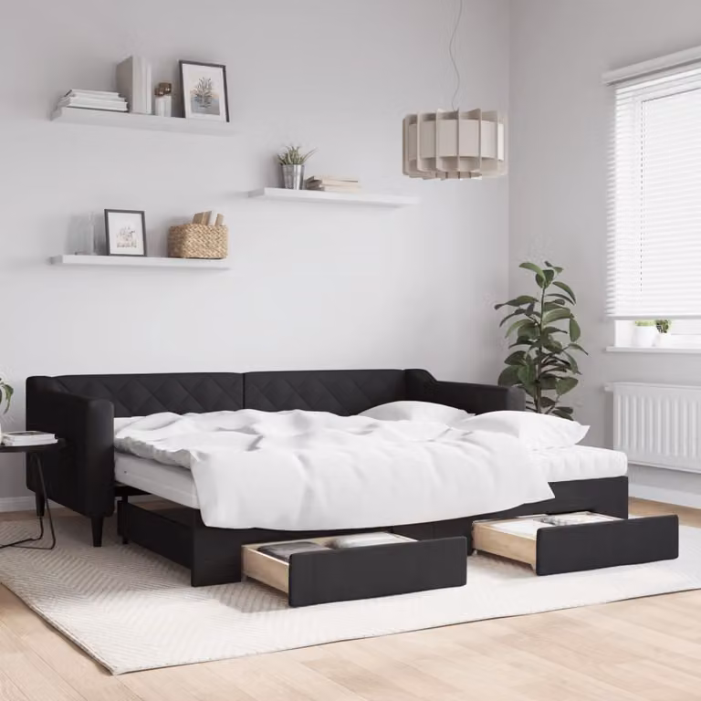 vidaXL Divano Letto Estraibile con Cassetti in Tessuto Nero L/P/H: 223 x 90 x 100 cm