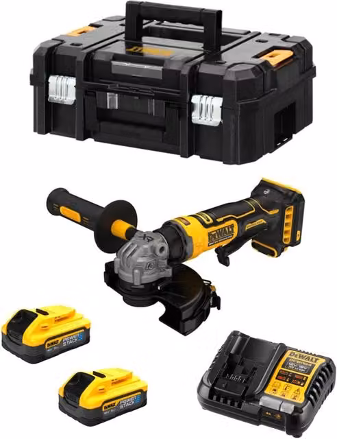 Mini-Smerigliatrice DeWALT DCG404H2T Gialla con 2 batterie Powerstack da 5,0 Ah e caricabatterie DCB1104 in valigetta TSTAK II