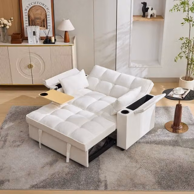 Divano 2 Posti Beige; Divano Letto 3 in 1 Estraibile con Schienale Reclinabile 140x74x82 cm
