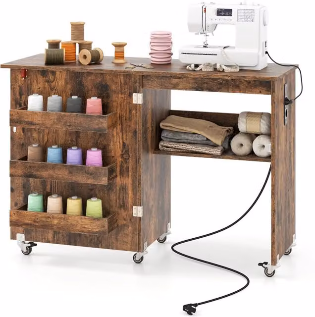 Tavolo da cucito pieghevole con ripiano e contenitori, mobiletto di stoccaggio multifunzionale su ruote bloccabili color noce e marrone – 1