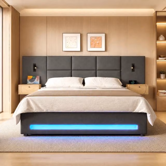 Letto imbottito ULEVR 180x200 cm in velluto grigio scuro con contenitore idraulico, LED, USB-C e cassetti nella testiera