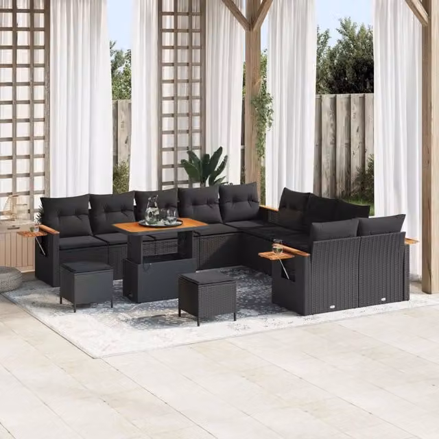 Set Divano da Giardino Moderno vidaXL a Forma a U con 13 Pezzi, Colore Nero e Marrone, Include Cuscini e Tavolino da Caffè – 1
