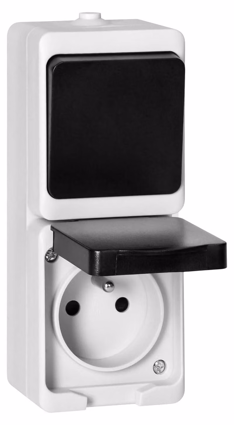Interruttore unipolare e presa da muro 2P+T, grado di protezione IP54, colore bianco e nero, adatti per ambienti interni e umidi