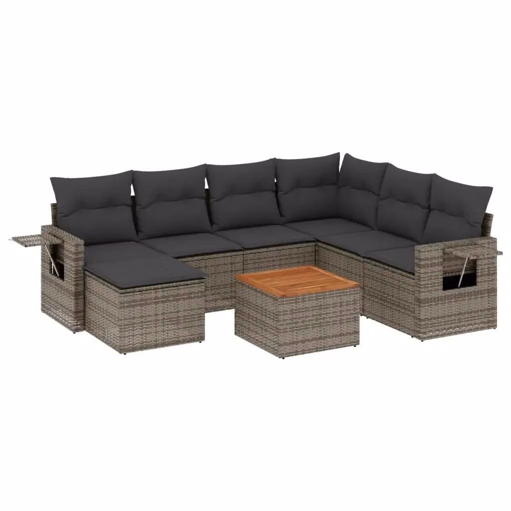 vidaXL Set Divano da Giardino 8 pz a Forma di L in Polyrattan Grigio con Cuscini e Tavolino – 2