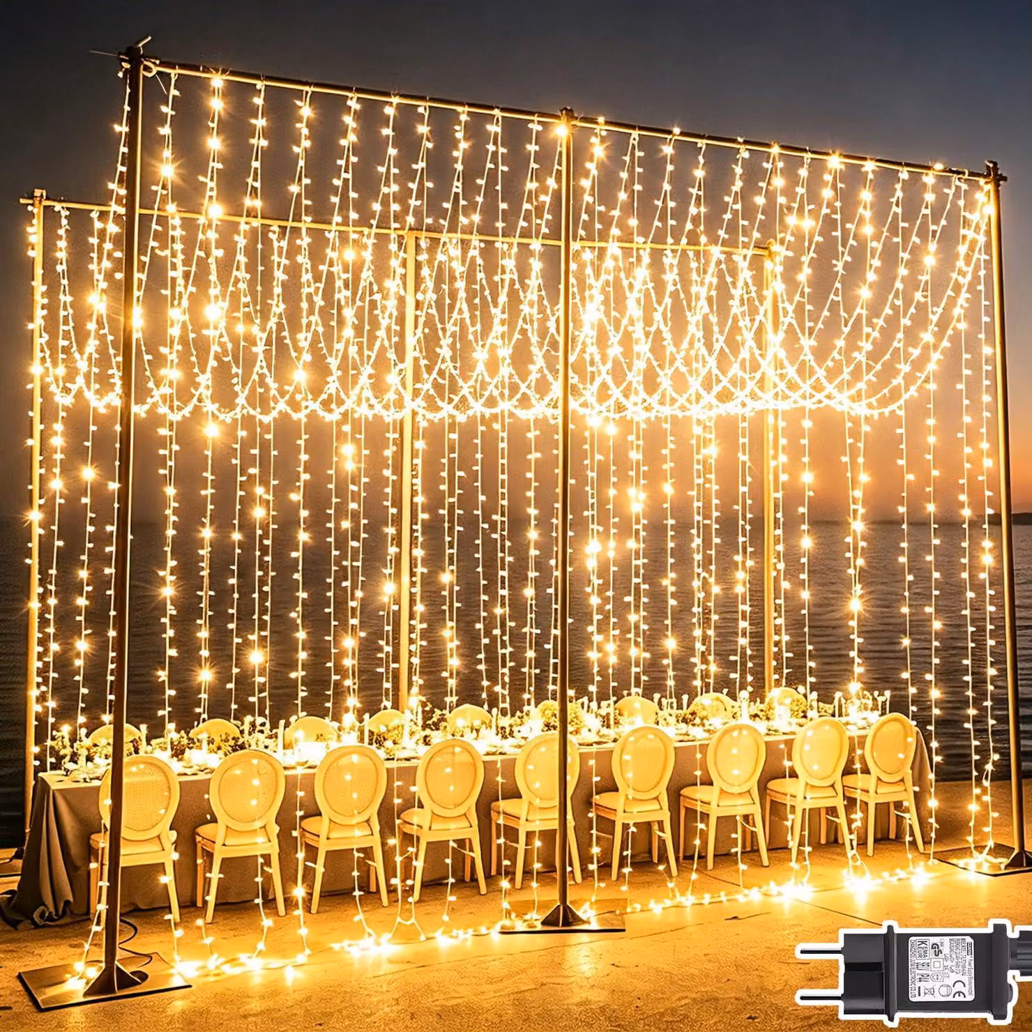 Tenda luminosa a LED, luce bianca calda - 600 LED, 6 metri di larghezza - Ideale per decorazioni natalizie esterne - Decorazioni a LED - Illuminazione d'atmosfera