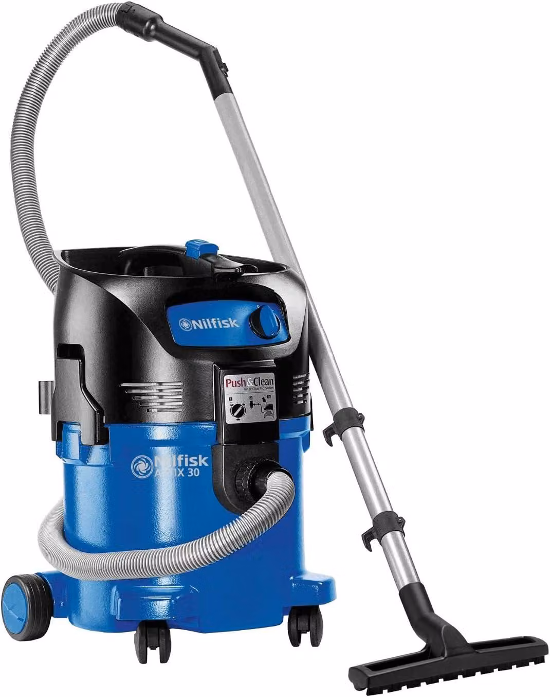 Aspirapolvere industriale, colore blu, con sistema di pulizia del filtro Push&Clean e serbatoio da 30 litri