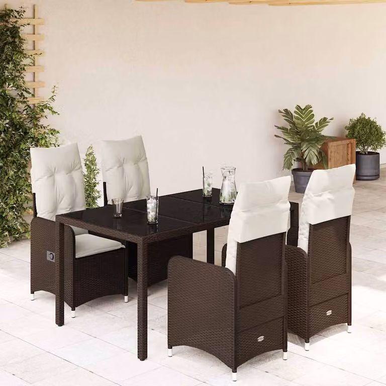 Set Bistrò da Giardino e Balcone vidaXL in Polyrattan e Metallo con Piano in Vetro, 5 Pezzi, Marrone e Bianco