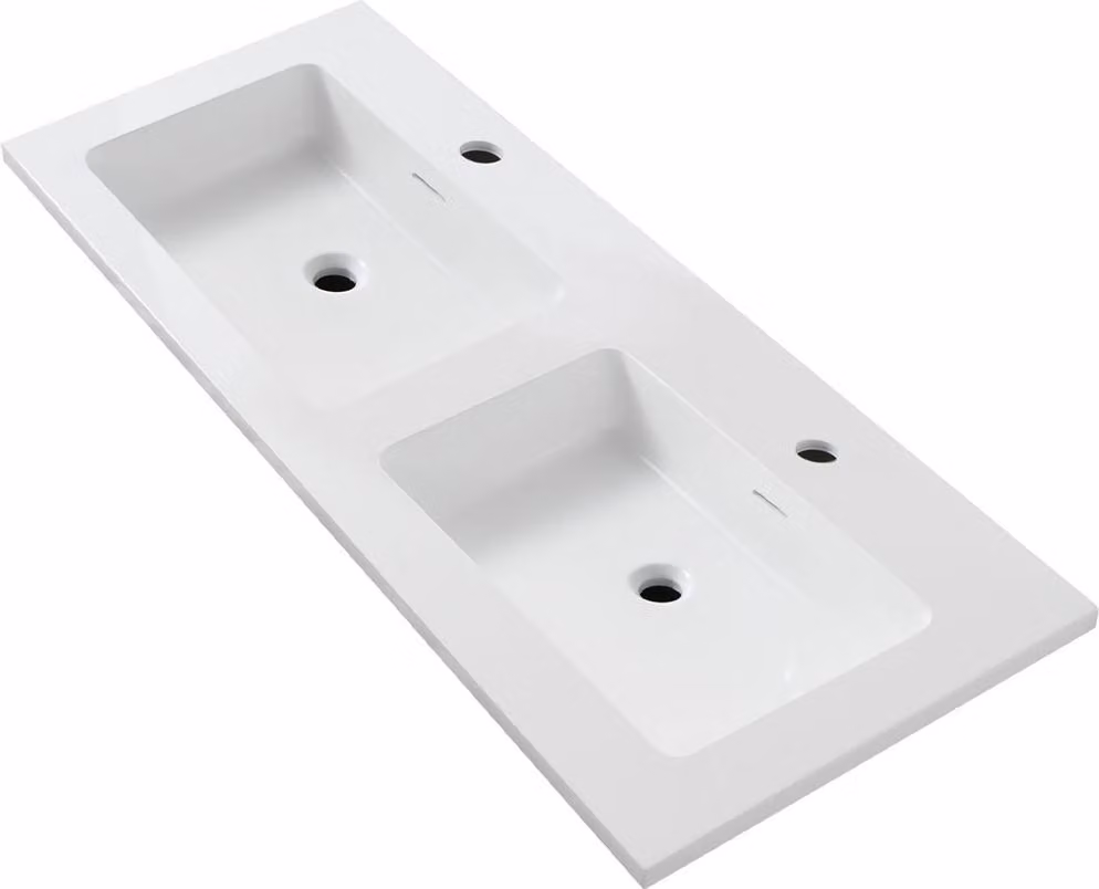 BELVIT, lavabo doppio da 120 cm, finitura bianco opaco, materiale minerale, design slim (1,6 cm di spessore), con troppofilo e 2 fori per rubinetti, forma rettangolare