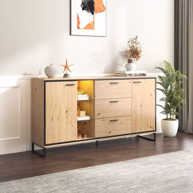 Credenza Moderna Aosom per Cucina e Soggiorno con 3 Cassetti, 2 Ante e Illuminazione Integrata, Nero e Legno Naturale, L: 160 cm, P: 40 cm, H: 85 cm