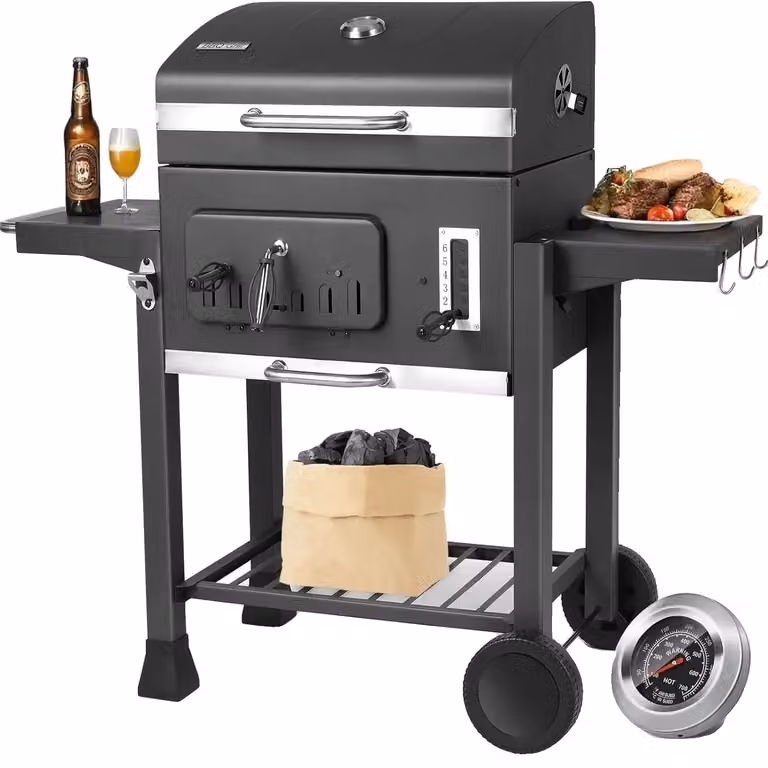 Grill a carbonella, ampia superficie di cottura, ventilazione regolabile, termometro integrato,