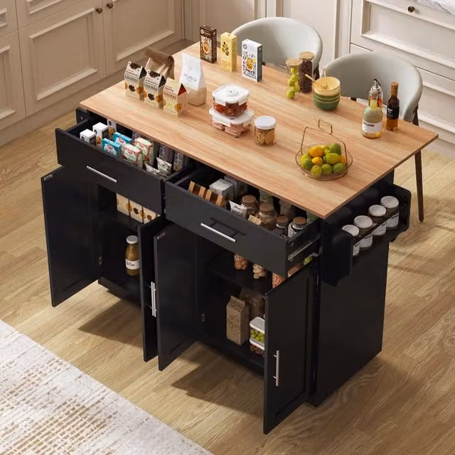Carrello da cucina con piano pieghevole in MDF, 120 x 46 x 91,5 cm, nero e naturale, con ruote