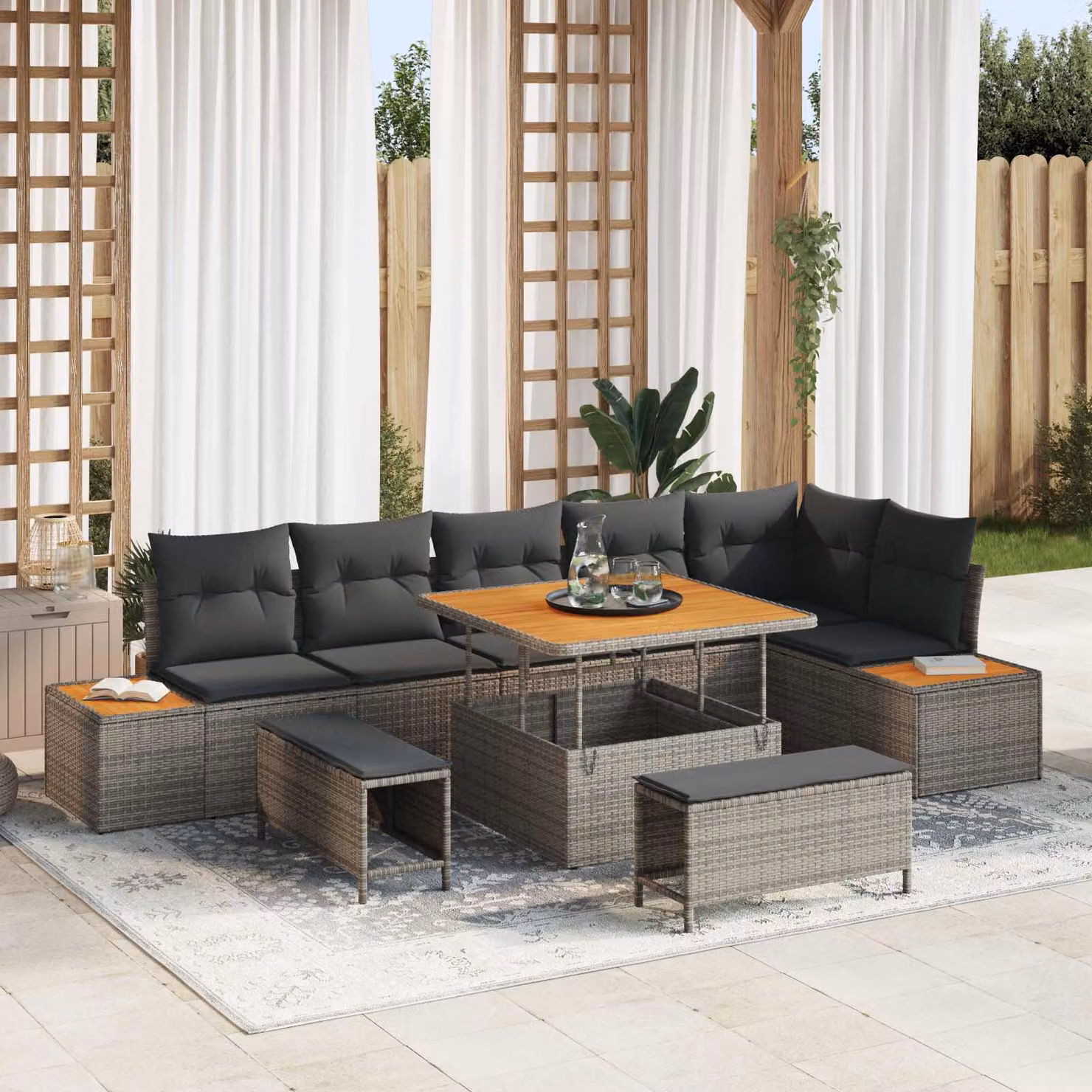 vidaXL Set Divano da Giardino a L 9 Pezzi Grigio con Cuscini e Tavolino da Esterno – 1
