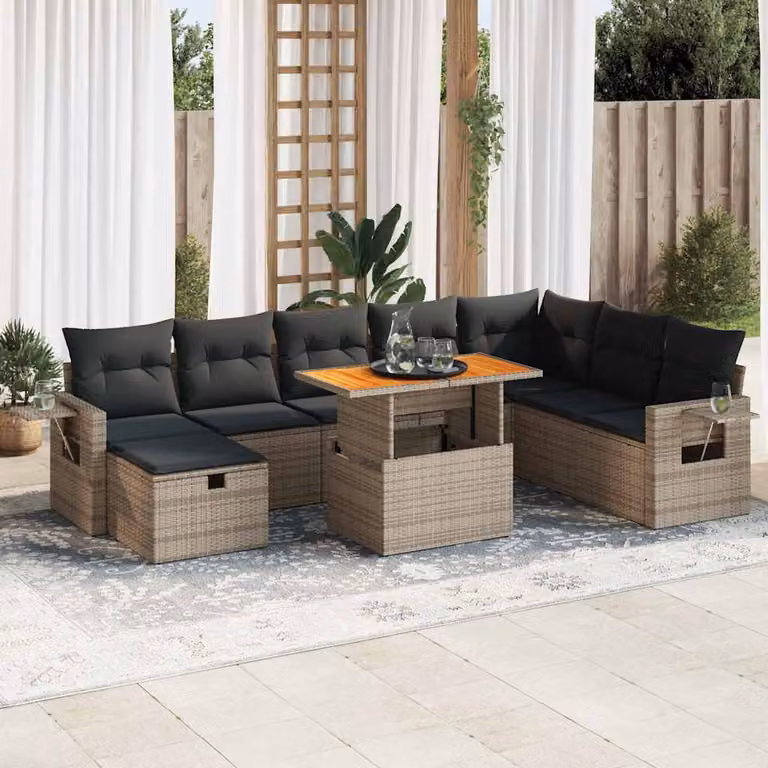 Set Divano da Giardino a L vidaXL in Polyrattan e Legno di Acacia Grigio con 9 Pezzi e Cuscini