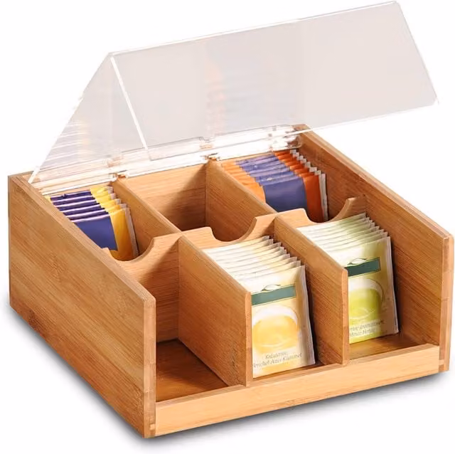 Porta Tisane e Tè Avilia Home in Bambù Marrone con Scomparti e Coperchio Mobile