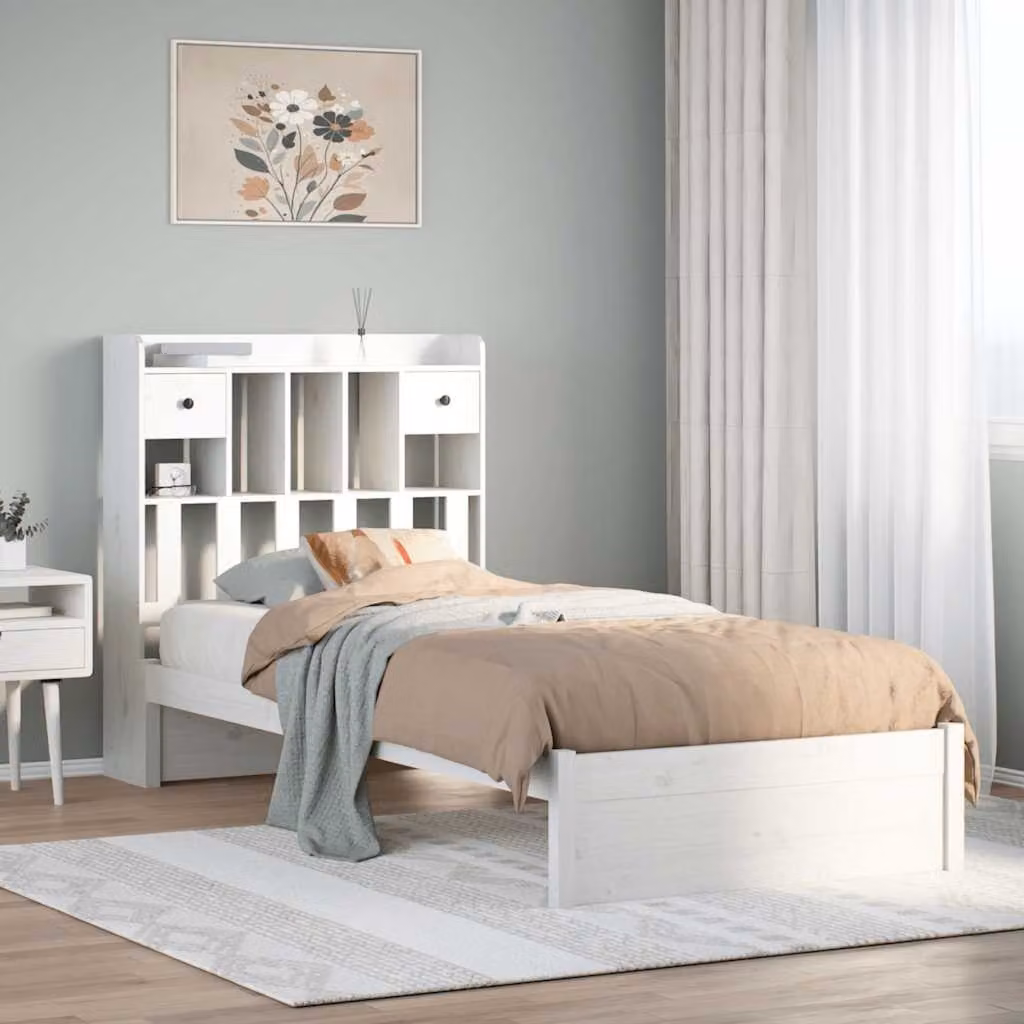 Letto con libreria e scomparti laterali vidaXL in legno di pino bianco lacquered L: 190 cm, P: 81 cm, H: 110 cm