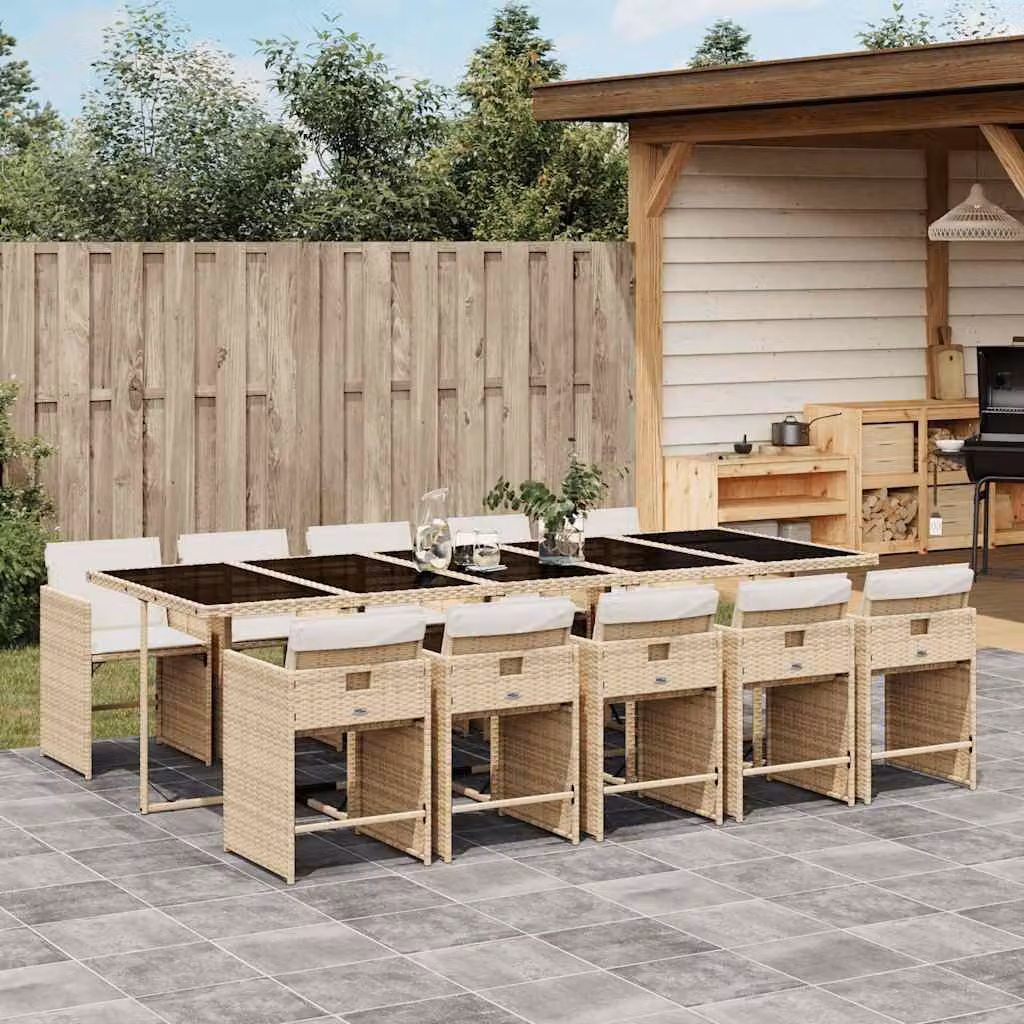 vidaXL Set da Pranzo da Giardino 11 pz in Polyrattan con Cuscini Beige e Piano in Vetro – 1