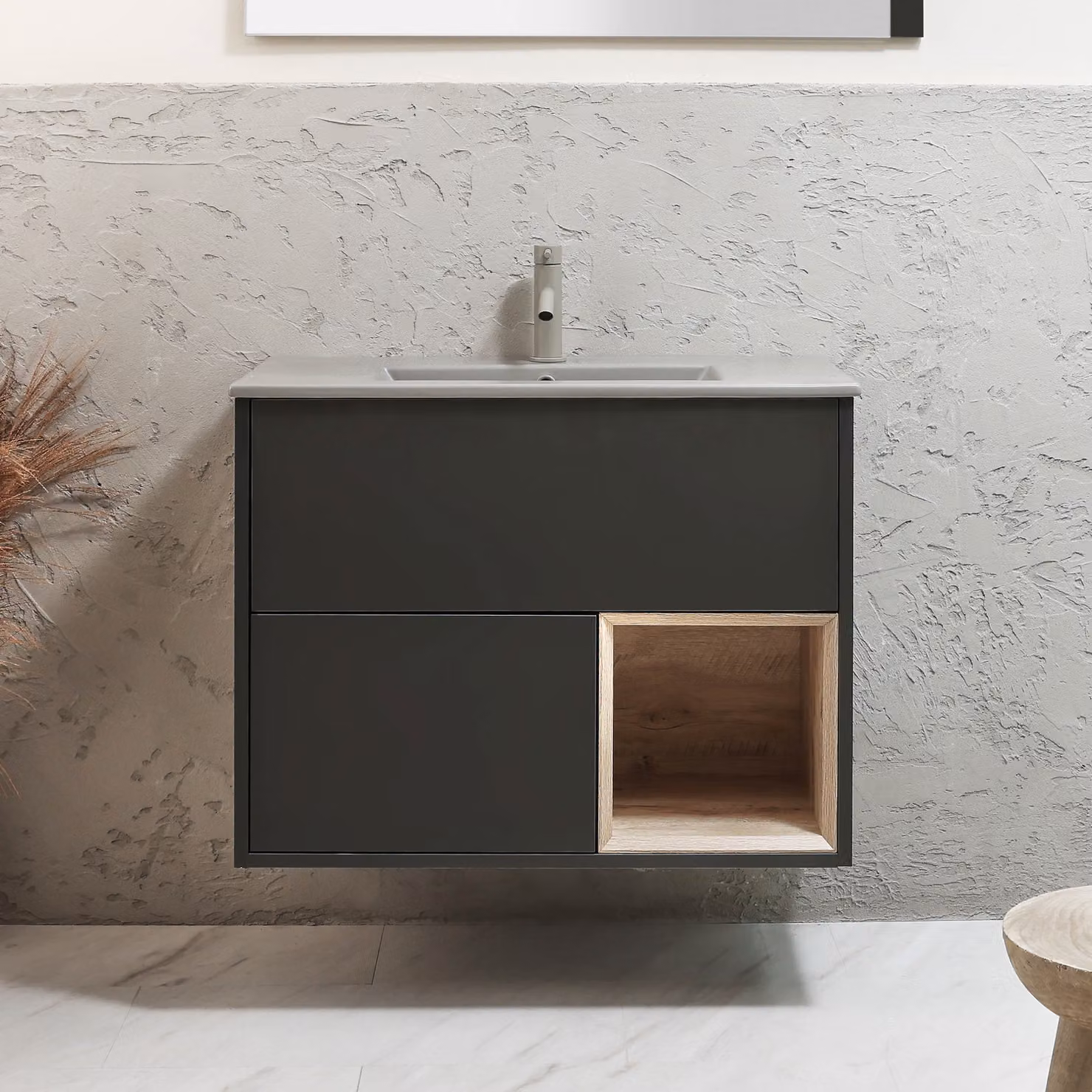 Mobile Bagno Sospeso con Ripiano Aperto in Grigio Nero da 812mm con Lavabo Grigio (Pebble) - Hoxton