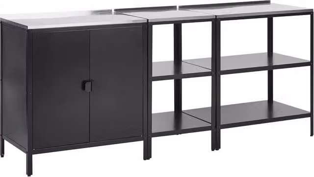 Set cucina da esterno 3 elementi acciaio inox nero 2 armadietti portaoggetti stazione da cucina esterna