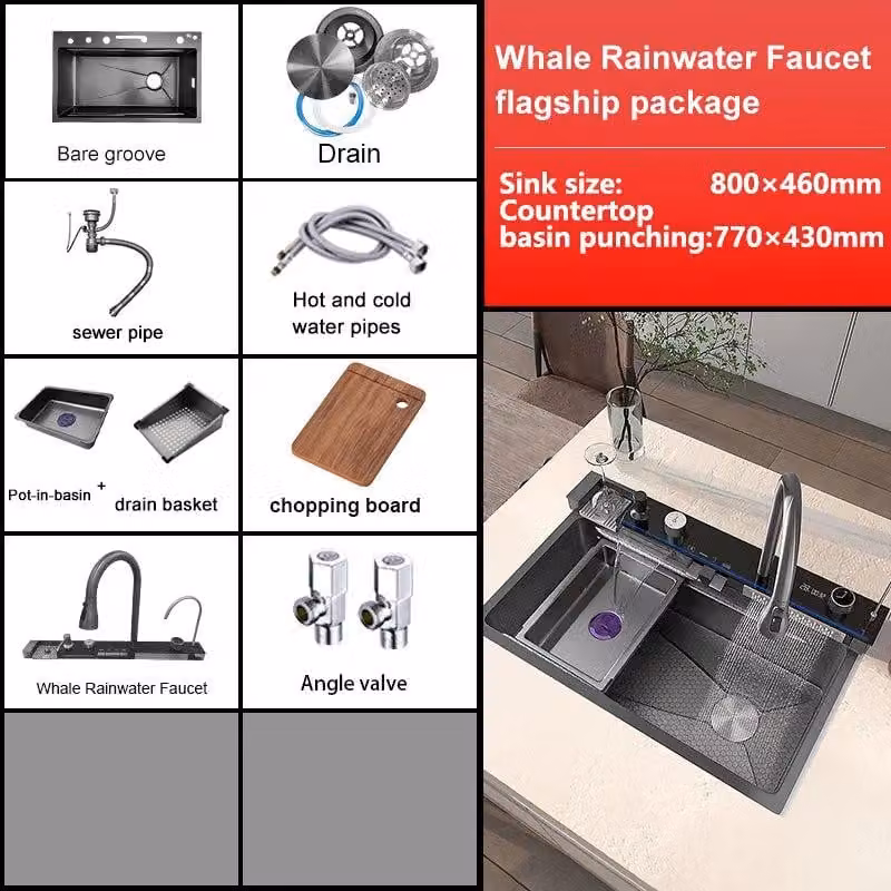Lavabo dorato di grandi dimensioni, 100x50 cm, in acciaio inossidabile, con design a cascata e display digitale