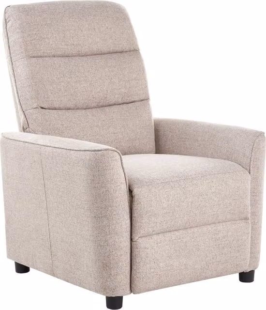 Poltrona reclinabile con rivestimento in tessuto beige schienale e poggiapiedi regolabili manualmente a spinta poltrona dal design retrò