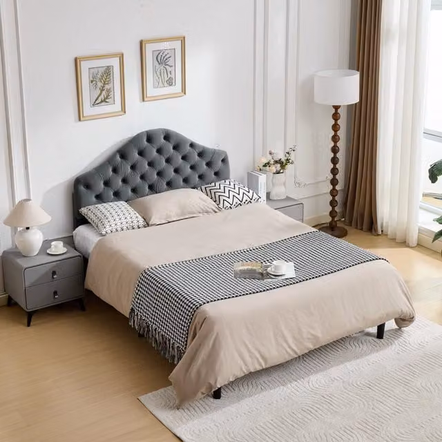 Letto singolo in velluto 140x200 con testiera regolabile e doghe; grigio; montaggio facile