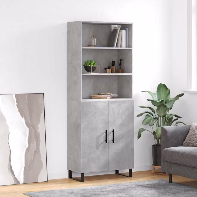 Credenza moderna vidaXL in legno e metallo, colore grigio cemento, L: 69,5 cm, P: 34 cm, H: 180 cm