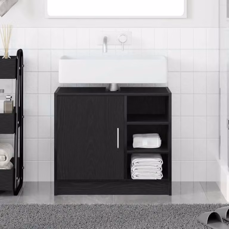 Mobile da bagno vidaXL in legno nero con ante a battente e ripiani interni L: 63 cm, P: 29 cm, H: 55 cm