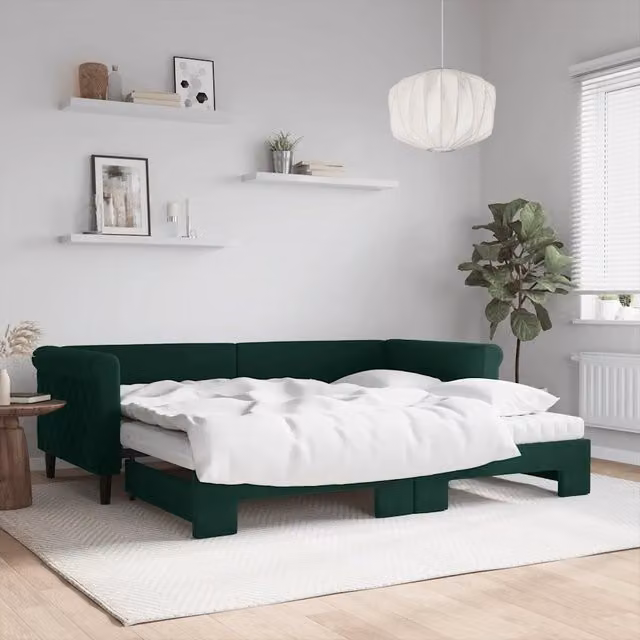 Divano Letto Estraibile vidaXL in Velluto Verde Scuro con Cassetto, L/P/H: 229 x 90 x 68 cm – 1