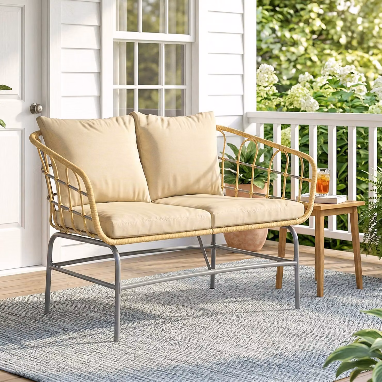 Divano da giardino Outsunny a 2 posti in resina intrecciata con cuscini spessi, colore marrone, L: 120 cm, P: 67 cm, H: 79 cm – 2