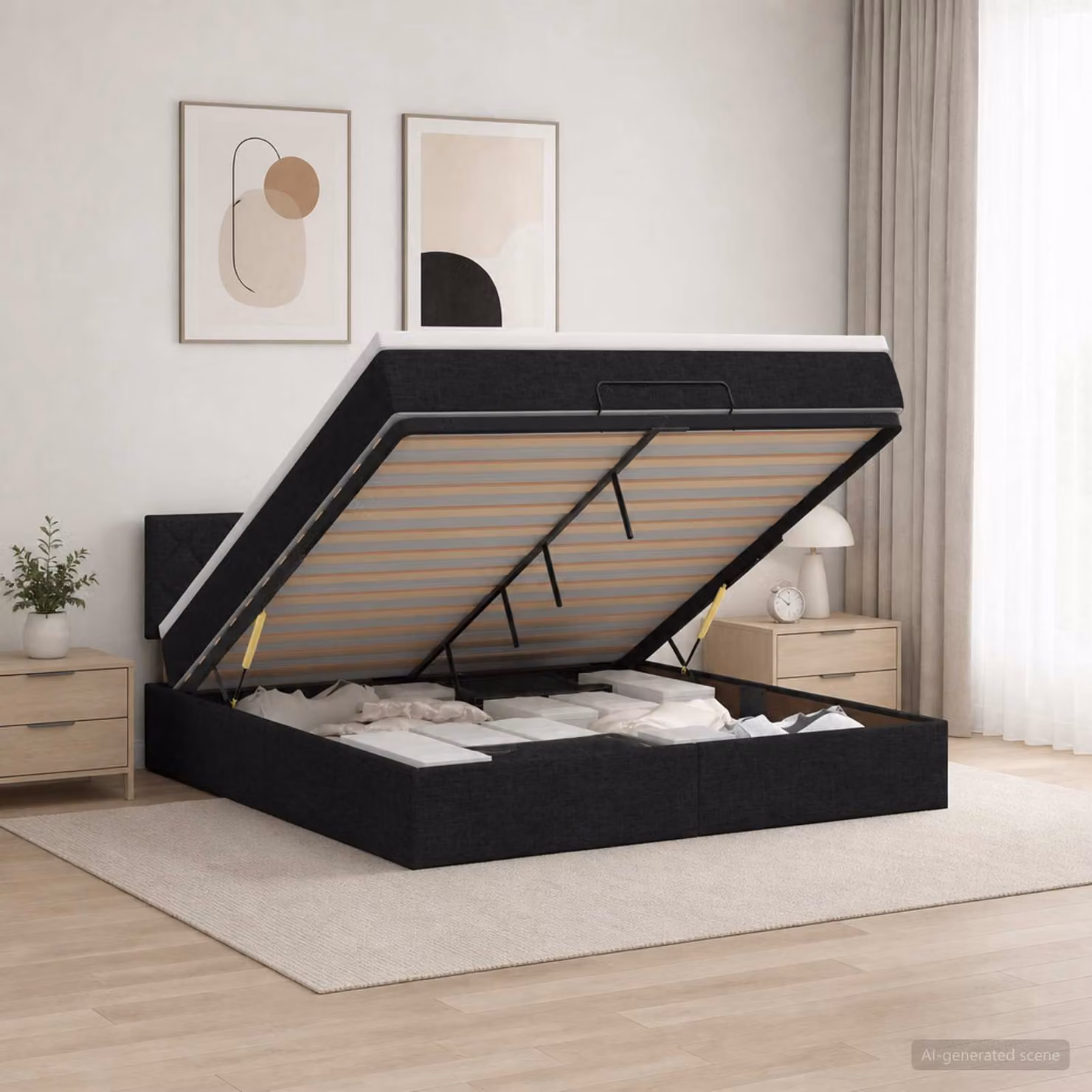 vidaXL Letto ottomano con materasso in tessuto nero L 140 x P 200 cm