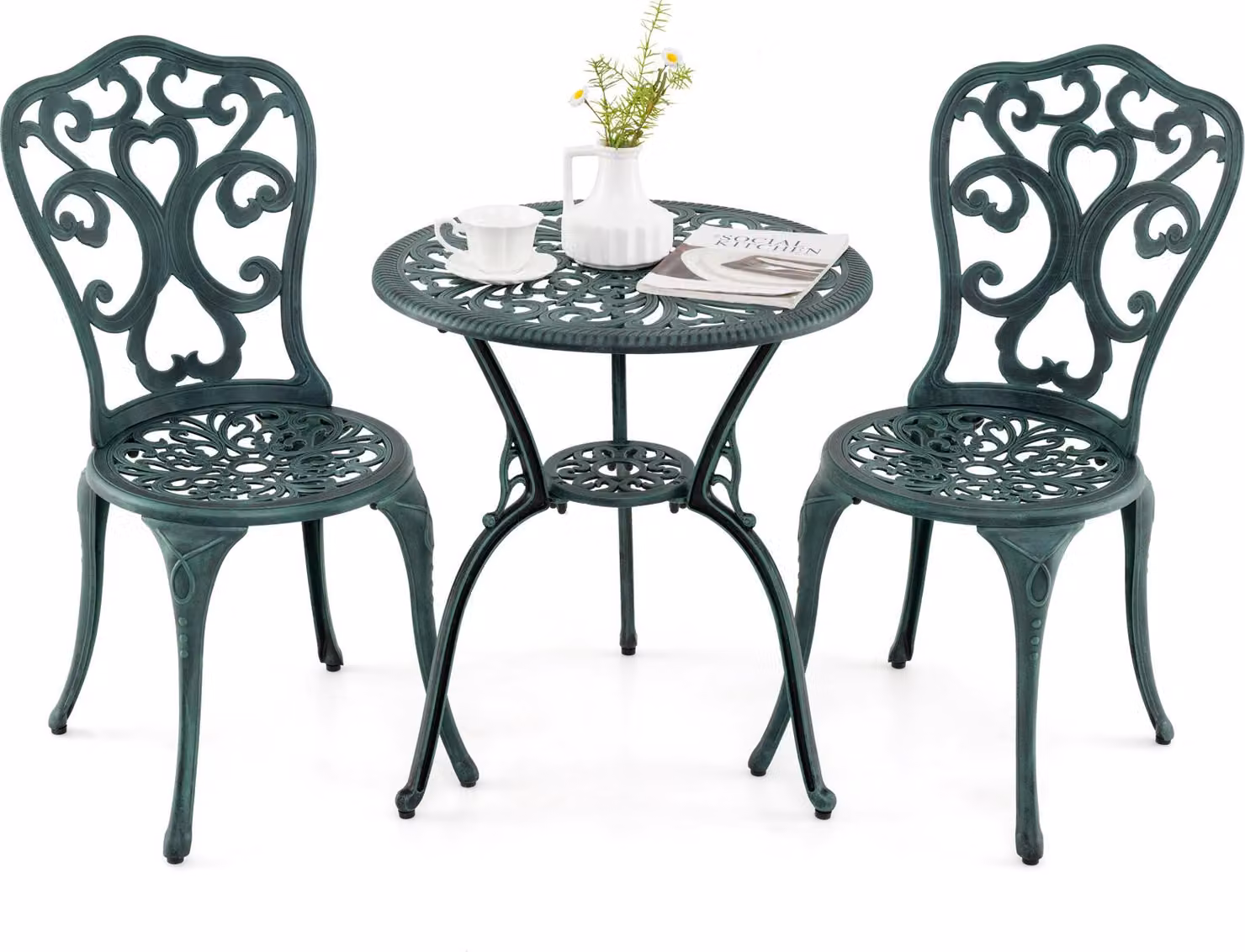 KOMFOTTEU Set da giardino 3 pezzi, set da bistrot resistente alle intemperie in fusione di alluminio, tavolo da bistrot con 2 sedie e foro per ombrellone, set da giardino per balcone, terrazza (verde)