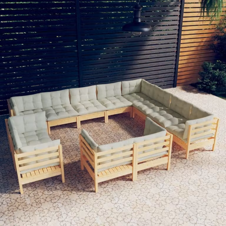 The Living Store Set da giardino da 12 pezzi con cuscini crema in legno di pino massiccio