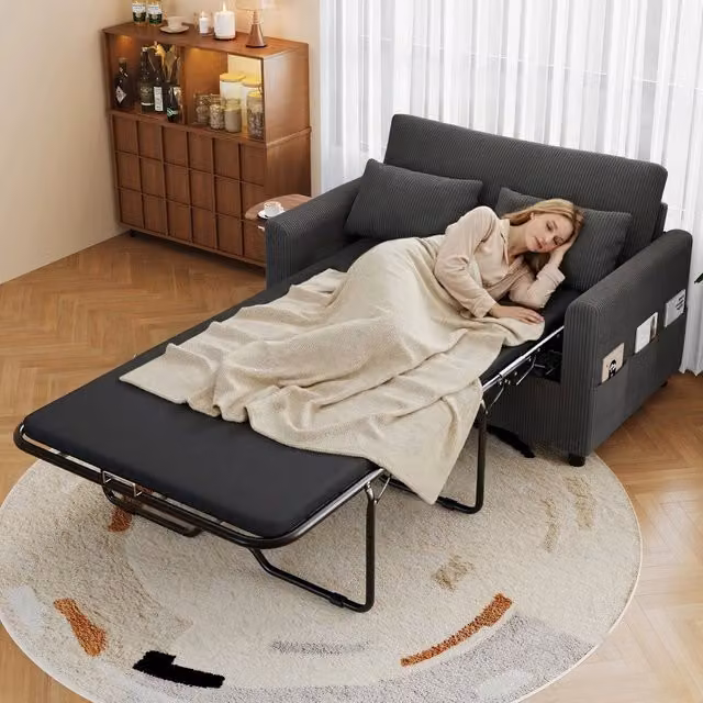 Divano letto 2 posti ¨C Minimal ¨C Grigio, con materasso, cuscini, porta USB, tavolino laterale pieghevole