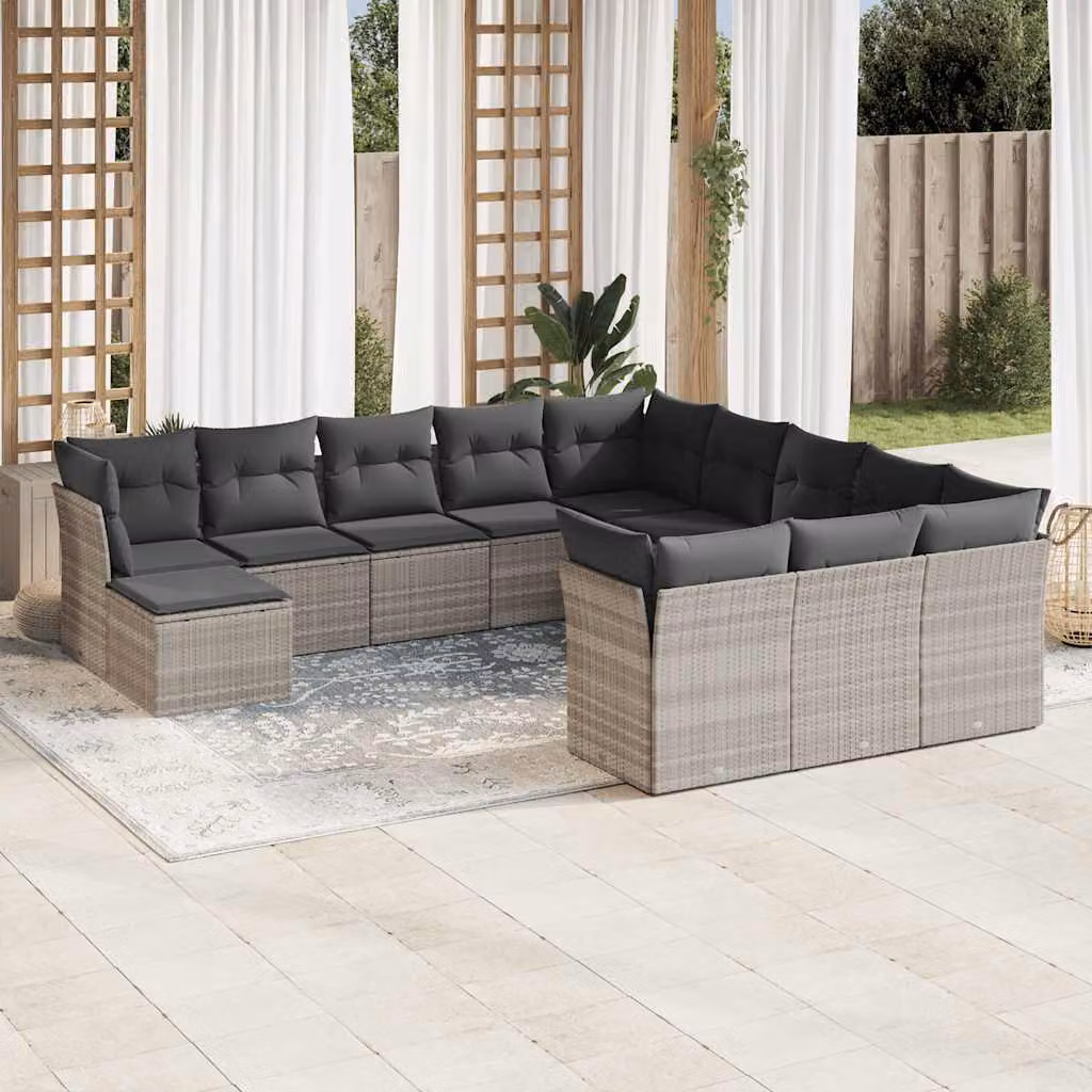 vidaXL Set Divano da Giardino a L in Polyrattan Grigio con Cuscini e Ottoman 12 Pezzi